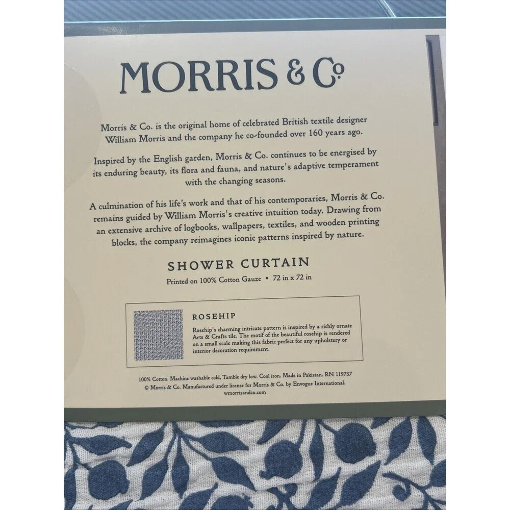 Morris & Co. Rosehip Shower Curtain Dark Blue White Cotton Gauze Ruffled Trim